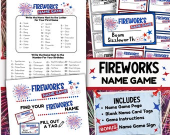 Fireworks Name Game Generator with Tags, Printable 4th of July Kids Summer Party Whats Your Patriotic Name Creator Independence Day JF1