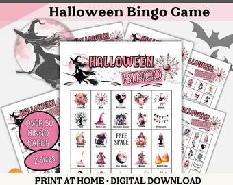 Pink Halloween Bingo Game Printable PDF, 100 Bingo Cards Bundle, Witch Goth Pastel Ladies Night Game, Girly Halloween Teen Slumber Party