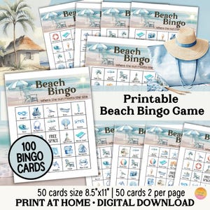 Bingo da spiaggia stampabile, Baby shower nautico Dusty Blue Ocean, Bingo per brunch estivo in riva al mare, Gioco di bingo per famiglie "Rompighiaccio in riva al mare" C03