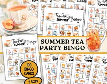 Summer Tea Party Bingo Game Cards (PDF Printable), Peach Watercolor Ladies Brunch Baby Shower Activity - Digital Download TPY