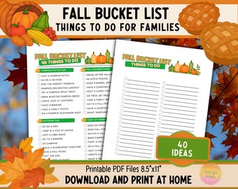 Fall Family Bucket List: Printable Fun Autumn Kids Rainy Day Playdate Activity Checklist, 40 Things To Do Outdoor Adventure PDF Download F1
