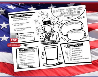 250th Anniversary USA Activity Placemat: Semiquincentennial Patriotic Game for Kids (Printable PDF Download) JF1