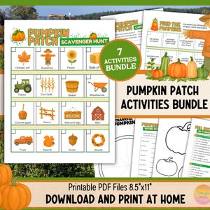 May include: A bundle of printable pumpkin patch activities. The bundle includes a scavenger hunt, word search, and other fun activities. The text on the image says "Pumpkin Patch Activities Bundle" and "Download and Print at Home."