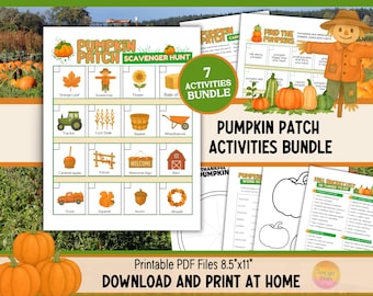 Pumpkin Patch Activity Bundle (PDF Download): Kids Scavenger Hunt, Autumn Writing Prompt Worksheets and Fall Bucket List F1