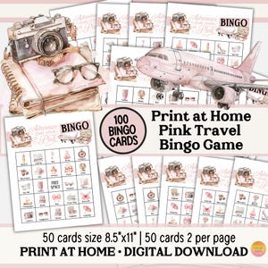 Bingo da viaggio con 100 cartelle in formato PDF, Avventura ti aspetta, Bingo in vacanza, Serata tra sole, Mix and Mingle, Buon viaggio, Brunch con tè rosa TR1