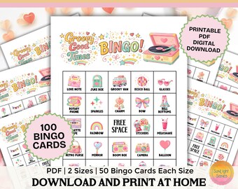 Retro Valentine's Day Bingo Game 100 Printable Cards (PDF Download): Fun Kids Activity, Groovy Classroom Game, Family 70’s Party VL2