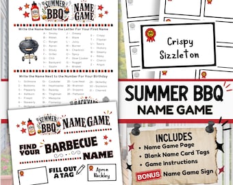 What's Your Summer BBQ Name Game with Sign and Blank Name Tags (Printable PDF) Barbecue Cookout Backyard Party Game SUM
