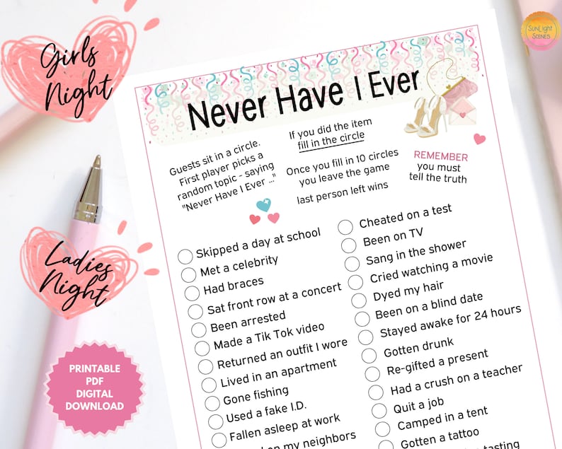 Never Have I Ever Printable Party Game Ladies Night Out, Girls Night