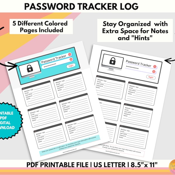 Password Tracker Printable Login Organizer, Online Account Keeper, Ink Friendly Cybersecurity Log Template PDF Household Planner Insert