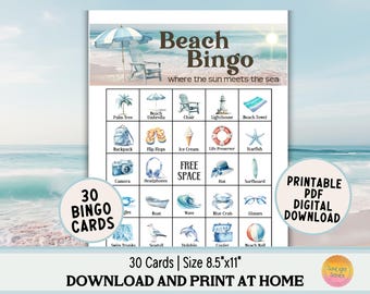 Beach Bingo Game: 30 Cards Nautical Summer Baby Shower (Printable PDF Digital Download) C3