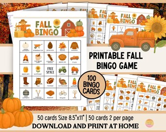 Fall Bingo Game: 100 Prefilled Printable Cards, Autumn Thanksgiving Family Activity (PDF Download) F1