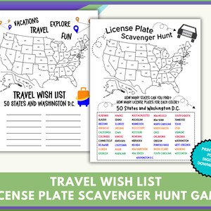 Juego de matrículas de automóviles Actividades de viaje Búsqueda del tesoro Buscar y encontrar mapa de EE. UU., Lista de deseos del rastreador de viajes de Estados Unidos, Juego de viajes por carretera para niños