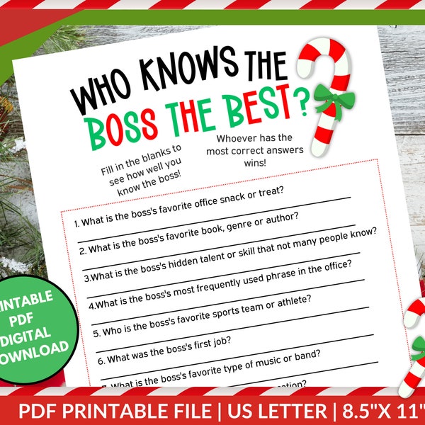 Who Knows the Boss Best Work Holiday Party Game, Get to Know You Office Boss Trivia Co-Worker Icebreaker Mix and Mingle Christmas Activity