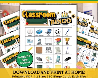 Classroom Bingo Game Cards Printable, School Supply Bingo Kids Game, Teacher Resources Student Classroom Icebreaker Activity, GIft for Kids