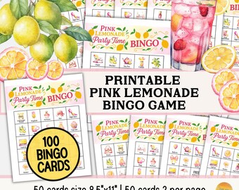 Pink Lemonade 100 Bingo Cards PDF Bundle: Capri Lemon Birthday Game, Coquette Bridal Shower, Girly Citrus Fruit Summer Picnic Party PL1