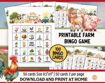 Farm Bingo Game 100 Printable Bingo Cards (PDF Digital Download): Barnyard Birthday Party Game, Fun Farm Activity for Kids Celebration F2