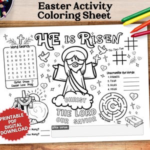 Christian Easter Activity Sheet, Printable Bible Story Coloring Placemat, Jesus He is Risen Religious Resurrection Sunday School Craft