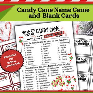 Könnte beinhalten: Druckbarer PDF-Download eines Candy Cane Name Game. Das Spiel enthält eine Liste von Candy Cane Namen und Anweisungen, um die Namen mit Buchstaben in Ihrem Vornamen oder Zahlen in Ihrem Geburtstag abzugleichen. Das Spiel enthält auch leere Karten, um Ihre eigenen Candy Cane Namen einzutragen.