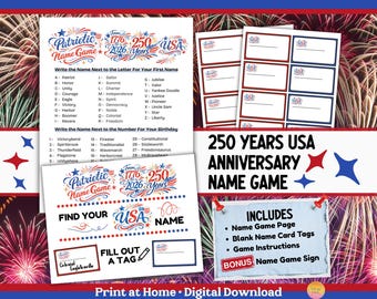 250th Anniversary USA What's Your Name Game with Tags and Sign (Printable PDF): July 4th Patriotic Independence Day America Activity P1