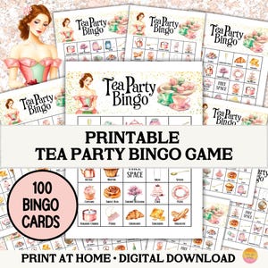 Peut inclure: Jeu de bingo de fête du thé imprimable avec 100 cartes de bingo. Les cartes présentent des images de tasses à thé, de gâteaux et d'autres articles de fête du thé. Le jeu est parfait pour une fête du thé amusante et festive.