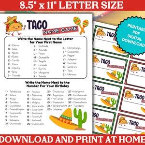 Puede incluir: Descarga PDF imprimible en tamaño carta de 8,5 x 11 pulgadas para un juego de nombres con temática de tacos. El juego incluye una lista de palabras de comida mexicana para que coincidan con letras y números para una divertida actividad de fiesta.