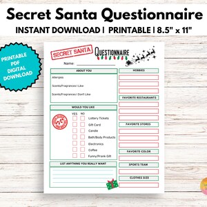 Fragebogen zum geheimen Weihnachtsmann als ausfüllbares PDF, Geschenkaustausch für Büropartys, Weihnachtswunschliste, weißer Elefant, Geschenkliste für die Familie, bearbeitbares PDF
