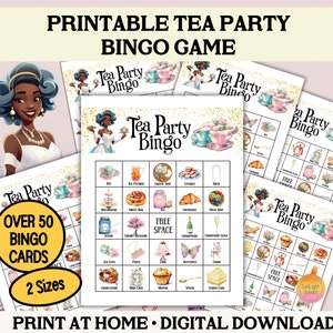 May include: Printable tea party bingo game with over 50 bingo cards in two sizes. The cards feature images of teacups, cakes, and other tea party treats. The text "Tea Party Bingo" is printed in gold glitter letters on a pink background.