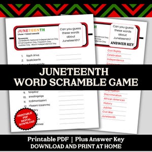 Könnte beinhalten: Ein druckbares Juneteenth-Wortsuchspiel mit Lösungsschlüssel. Das Spiel hat ein rot-schwarz-grünes Farbschema und enthält Wörter wie "Bürgerrechte", "Feier", "Unabhängigkeit" und "Juneteenth".