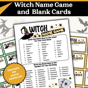 May include: Printable Witch Name Game PDF download with black and yellow witch hat and stars on a green background. The game includes a list of witch names to match with letters of the alphabet and a list of witch names to match with numbers.