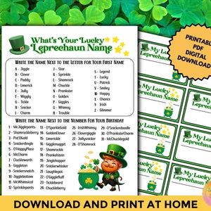 May include: Printable PDF download of a green and gold leprechaun name generator game. The game includes a list of names and instructions to write the name next to the letter of your first name and the number of your birthday. The game also includes a printable tag that says "My Lucky Leprechaun Name".