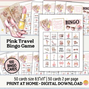 Bingo da viaggio: 100 cartelle del bingo in formato PDF stampabile, Serata tra ragazze in vacanza, Brunch con tè rosa "Miss and Mingle", Bingo da viaggio su strada TR1
