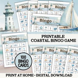 Bingo costeiro para imprimir, Bingo náutico do oceano azul empoeirado, Brunch de aniversário à beira-mar, Jogo de aposentadoria de verão, Chá de bebê na praia Ahoy Its a Boy