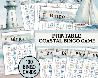 Coastal Bingo Printable, Dusty Blue Ocean Nautical Bingo, Seaside Birthday Brunch, Summer Retirement Game, Ahoy Its a Boy Beach Baby Shower