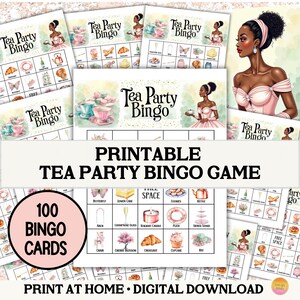 Peut inclure: Jeu de bingo de fête du thé imprimable avec 100 cartes. Les cartes présentent des images de tasses à thé, de papillons, de gâteaux au citron, de biscuits, d'une théière, d'un verre à champagne, d'une bougie allumée, d'une assiette, d'un présentoir à étages, d'une chaise, d'une cerise en fleurs, d'un croissant, d'un cupcake et d'un nœud. Les cartes sont roses et blanches avec des accents dorés.
