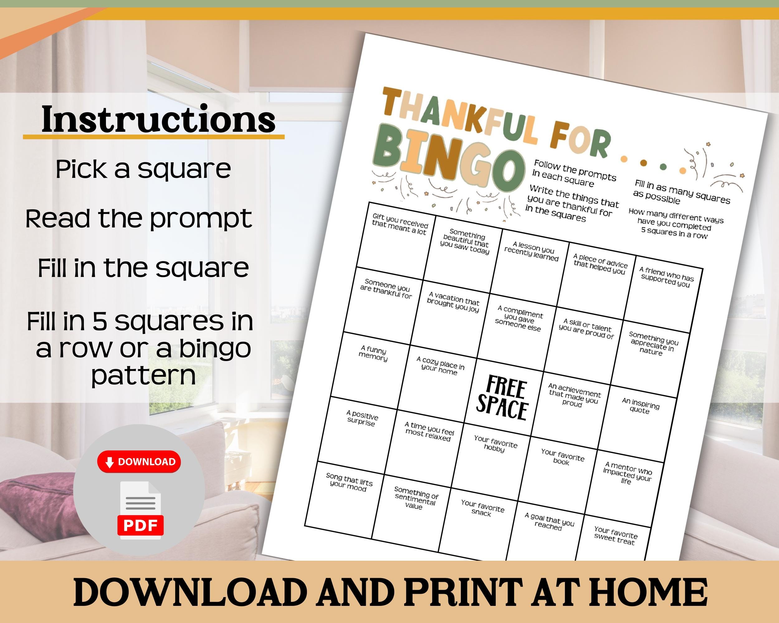 Thankful for Bingo Mindfulness PDF Game, Gratitude Activity Self ...