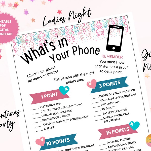 What's In Your Phone Ladies Night Game, Girls Night In Fun Printable Games for Womens Brunch Party, Birthday Girls Friends Themed Party, LAD