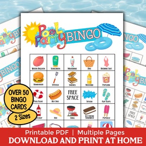 Cartões de bingo para impressão de festa na piscina, 100 cartões de bingo, jogos de reunião de família, jogo de festa de aniversário infantil de verão, atividade de bingo de acampamento de verão