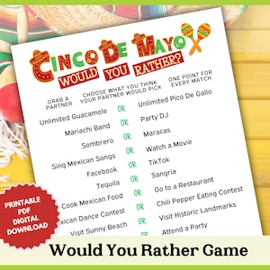 Puede incluir: Un juego imprimible de "¿Qué prefieres?" para el Cinco de Mayo con 10 preguntas. Cada pregunta tiene dos opciones, y los jugadores obtienen un punto por cada respuesta correcta. El juego está diseñado para dos jugadores.