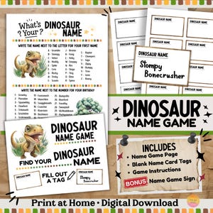 Jogo &quot;Qual é o seu nome de dinossauro?&quot;: Cartões em branco com atividades para festa de aniversário jurássica + placa bônus, gerador de nomes de T-Rex (download em PDF) D1