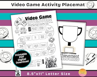 Gaming Activity Placemat (PDF Digital Download): Video Game Birthday Kids Conversation Page, Screen-Free Gamer Coloring Sheet KZC