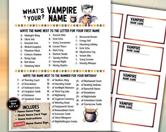 Vampire Name Game: Halloween Party, Spooky Fun (Printable PDF Sign & Tags