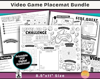 Gaming Activity Placemat Bundle (PDF Digital Download): Birthday Party Kids Coloring Page, Screen-Free Video Game Activity KZC