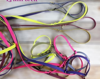 May include: A collection of colorful dog leashes and collars in various shades of pink, yellow, purple, and blue. The leashes are 13 mm wide and feature metal hardware. The website pfiffdesign.de is visible in the image.