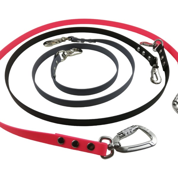 Leash/belt | 2 carabiners | 16mm wide | between 0.5 m and 10 m | different colors and carabiners | made from BioThane®