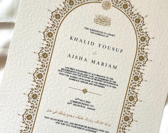 Puede incluir: Un certificado de matrimonio islámico tradicional con caligrafía dorada y diseños florales intrincados. El certificado indica que el matrimonio de Khalid Yousuf y Aisha Mariam se celebró el 14 de mayo de 2023, correspondiente al 24 de Shawwal 1444AH.