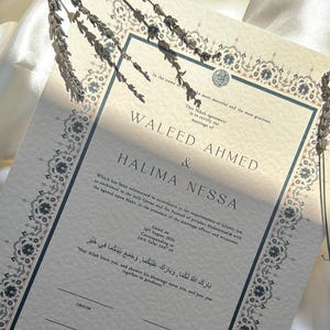 Certificato Nikah, Contratto di matrimonio islamico Premium A4, Nome Nikkah moderno, Certificato di matrimonio musulmano, Nomi personalizzati, Blu uovo d'anatra