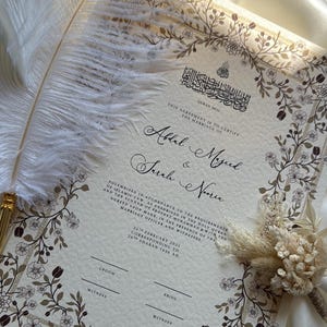 Floral Nikah Certificate, Red and Gold Islamic Wedding Contract, Nikkah Nama, Muslim Marriage Certificate, Personalised Names, Quran Verse