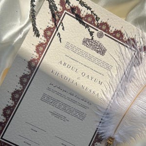 Nikkah-Zertifikat Rot, Islamischer Hochzeitsvertrag, Benutzerdefinierte Nikah Nama, Muslimische Heiratsurkunde, Personalisierte Namen, Heirats Quran Vers