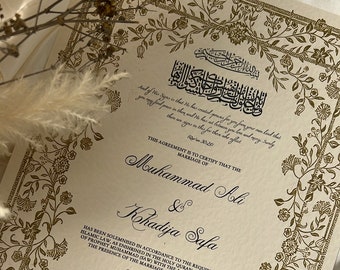 Floral Nikkah Certificate, Gold A4 Islamic Wedding Contract, Nikkah Nama, Muslim Marriage Certificate, Personalised Names, Quran Verse
