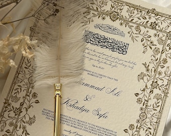 A3 Floral Nikkah Certificate, Gold A3 Islamic Wedding Contract, Nikkah Nama, Muslim Marriage Certificate, Personalised Names, Quran Verse